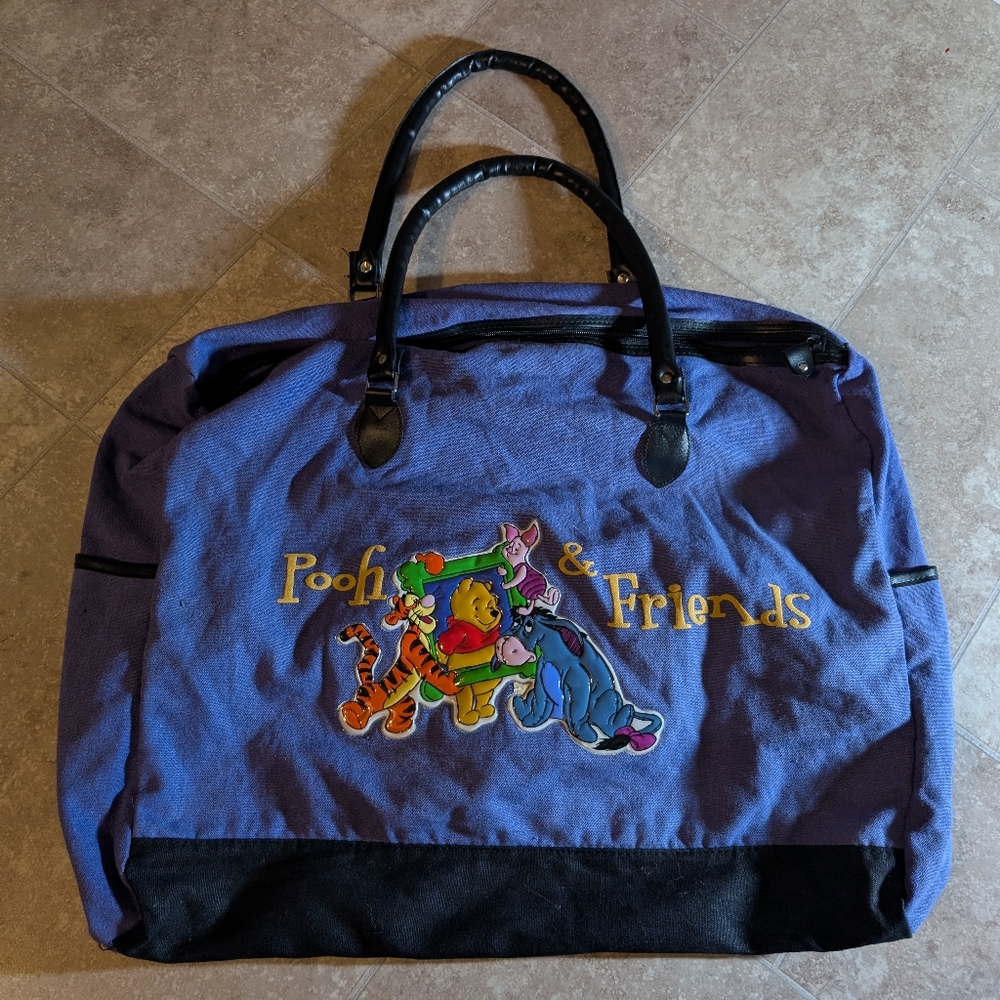Vintage Pooh Gear Purple Weekender Duffle Bag Pooh,Tigger, Piglet Leather Straps